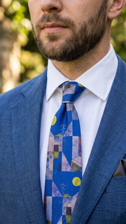 Paul Klee 'Moonshine' tie in pure silk by Fox & Chave: best price for the perfect tie for the artistic modern man: worn by model for CountryClubuk