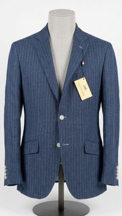 Front view of Gurteen Florence navy pinstripe linen blazer on mannequin