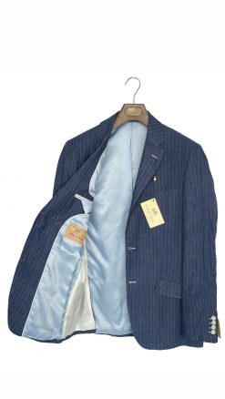 Interior light blue lining of Gurteen Florence navy linen pinstripe jacket