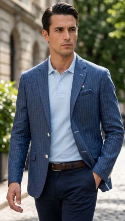 Man wearing Gurteen Florence navy pinstripe linen jacket by Angelico