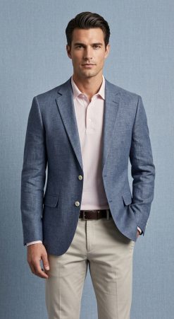 Man wearing Gurteen Naples Jacket 61001-137 Blue Melange linen blazer with pink polo shirt