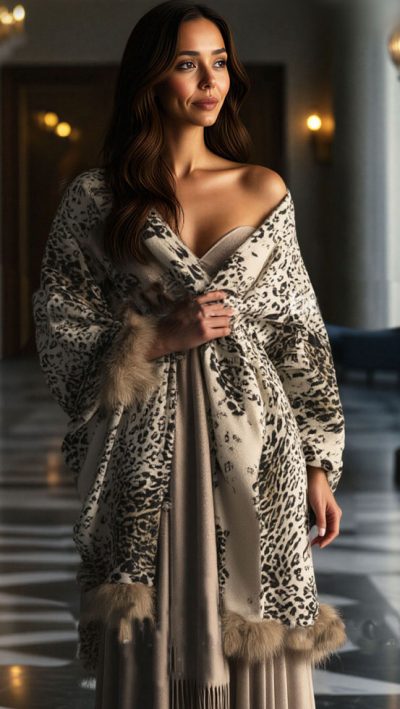 Pure cashmere leopard print stole with plush fur trim – CountryClubuk best price