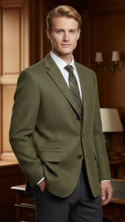 Gurteen Blenheim Tweed Jacket in green herringbone with orange overcheck – classic British wool men’s sports jacket