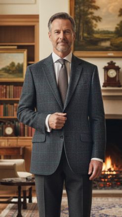 Gurteen Jacket in Grey Wool Tweed with Blue Overcheck at CountryClubuk best price