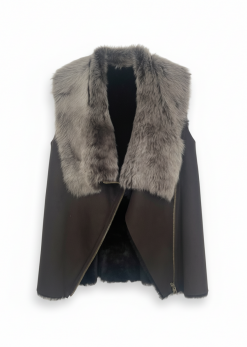 Alternative view of Toscana shearling zipped gilet: butter soft, thick, warm and stylish premium grade Spanish shearling in chocolate brown, and with a fabulous luxurious shearling fur collar contrast and in-vogue angled zip front, it looks amazing
