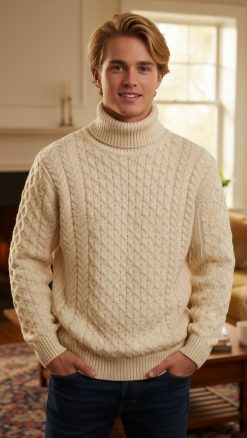 Aran knit men's roll neck jumper in Merino wool by West End Knitwearbest price at CountryClubuk