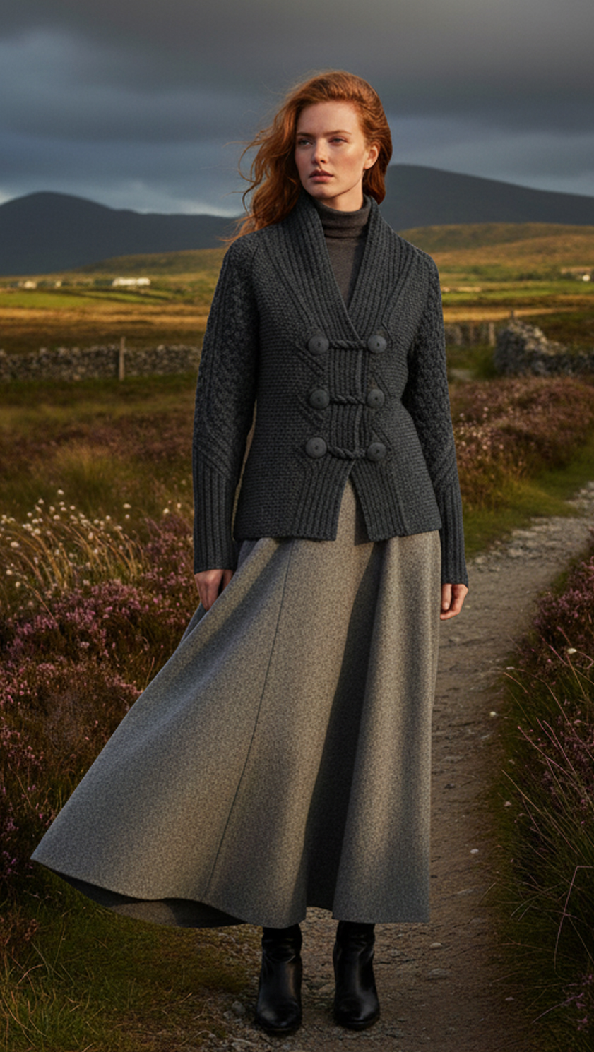 Aran charcoal cardigan jacket in charcoal and black pure merino wool by West End Knitwear for CountryClubuk