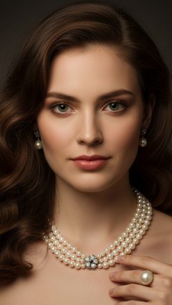 Three-strand natural pearl necklace with blue sapphire and diamond clasp in 14ct white gold – Odyssey Sapphire Moon Necklace at CountryClubuk