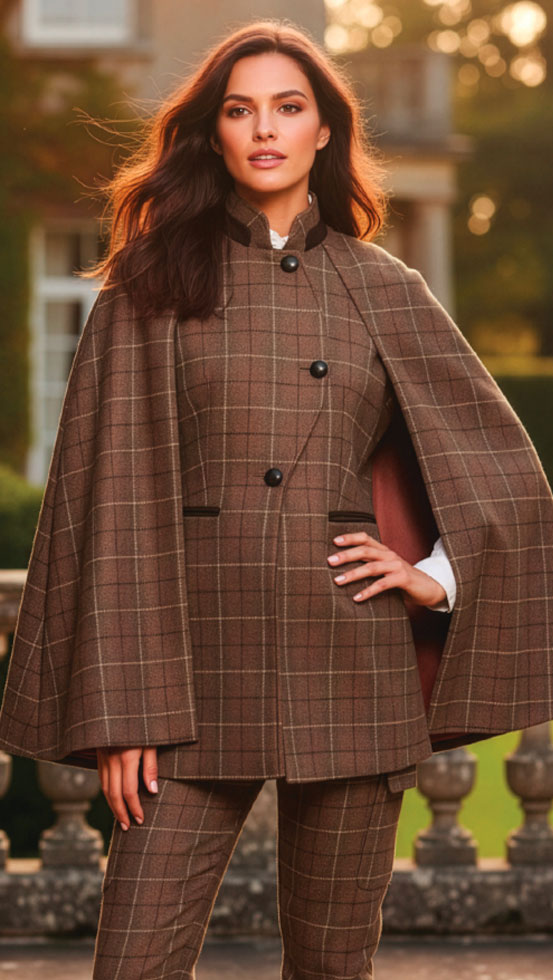 Really Wild Balmoral tweed country cape: Heritage defined—timeless tweed designs meet today’s tailoring
