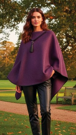 Really Wild Cotswold cape, woven in Britain from 100% wool tweed: in soft heather-purple with leather tassel detailings