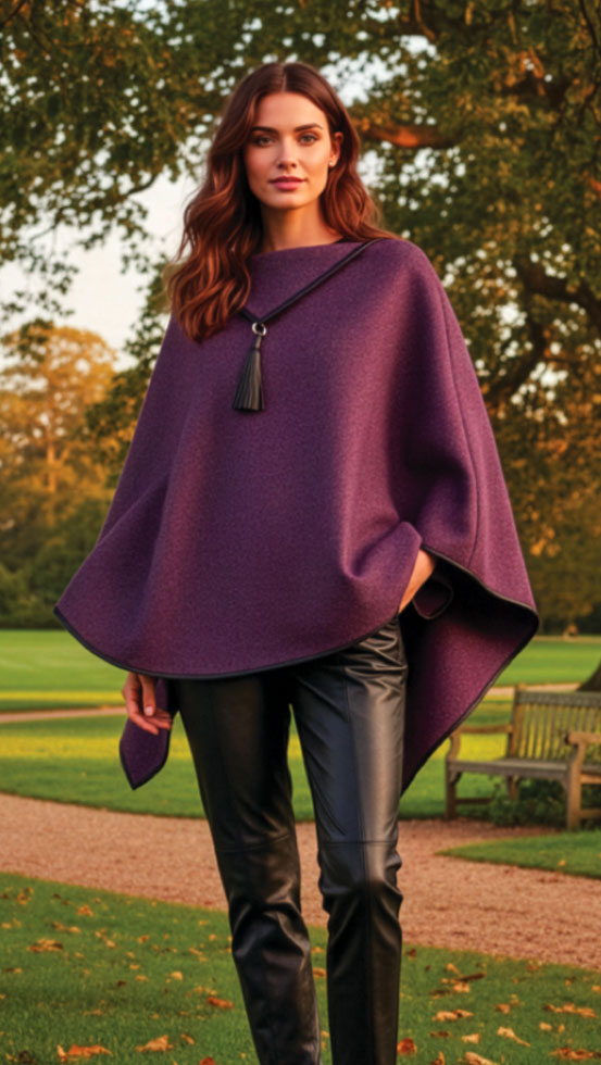 Really Wild Cotswold cape, woven in Britain from 100% wool tweed: in soft heather-purple with leather tassel detailings