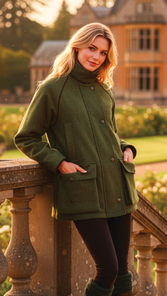 Really Wild: Highlander tweed field coat in pure wool tweed in moss green with orange check: cut with generous ease and practical detailing for life in the field
