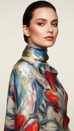 Claude Monet A Vase of Tulips silk chiffon scarf by Fox & Chave, with impressionist brushstroke florals in soft flowing silk at CountryClubuk best price.