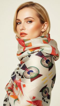 Wassily Kandinsky Weiches Hart silk chiffon scarf by Fox & Chave, featuring abstract geometric shapes in modernist colour tones