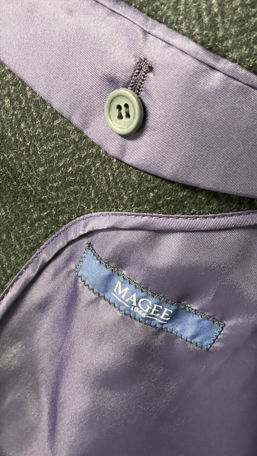 Smokey Grey herringbone cloth of the Magee Fergal wool and cashmere overcoat