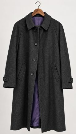 Magee Fergal Smokey Grey herringbone overcoat showing the long single-breasted cut
