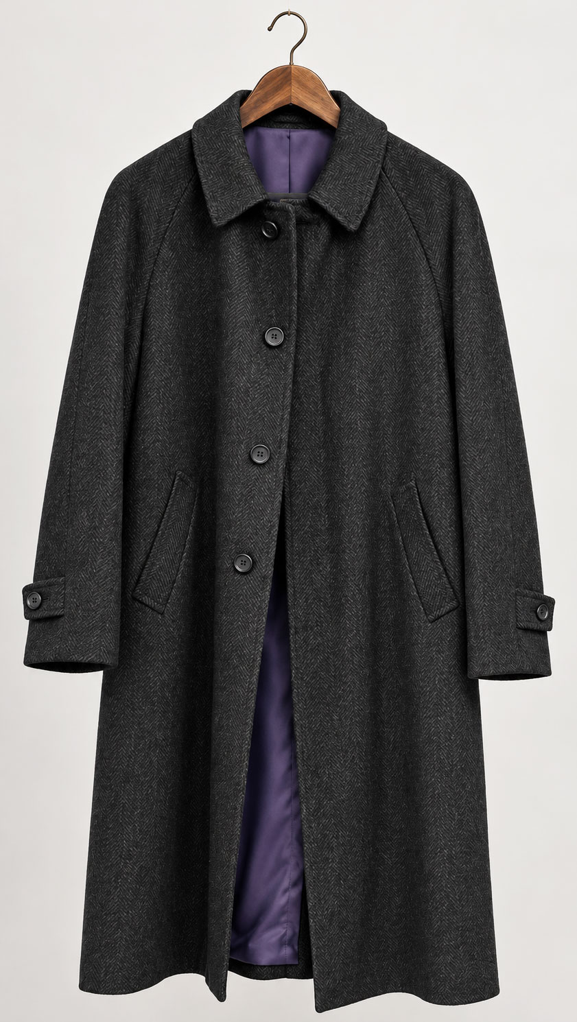 Magee Fergal Smokey Grey herringbone overcoat showing the long single-breasted cut
