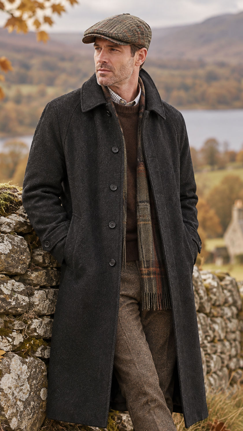 Magee Fergal Overcoat in Smokey Grey wool and cashmere herringbone