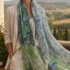 Oversized botanical silk chiffon stole styled with elegant summer linen tailoring
