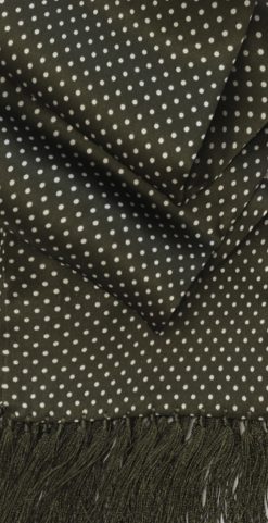Tootal silk aviator scarf in green and white polka dot detail.