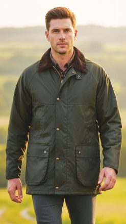 Classic British waxed cotton jacket: authentic country heritage with everyday practicality and style: olive and navy