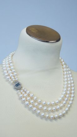 Alternative view of Elysian Sapphire Cascade Necklace—Three-Strand Natural Pearl Necklace with Sapphire & Diamond Clasp from the South Seas, Newly Arrived in the Odyssey Collection