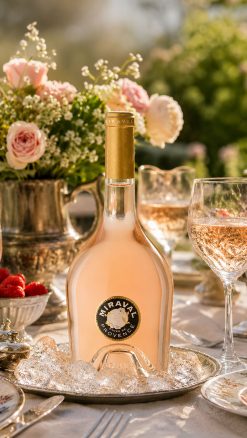 Bottle of Château Miraval Rosé 2025 Provence rosé wine served chilled on a summer garden table with crystal glasses and flowers.