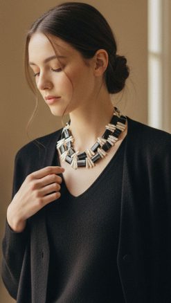 Hawaiian biwa pearl and black onyx statement necklace – chunky geometric design with sterling silver clasp, elegant black-and-white contrast for spring summer luxury