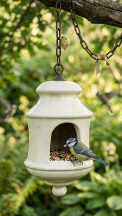 Ceramic hanging bird feeder with blue tit feeding on seed