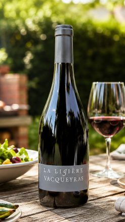 Domaine La Ligière Vacqueyras 2022 Southern Rhône red wine served al fresco, ideal with grilled meats and Mediterranean summer dining.
