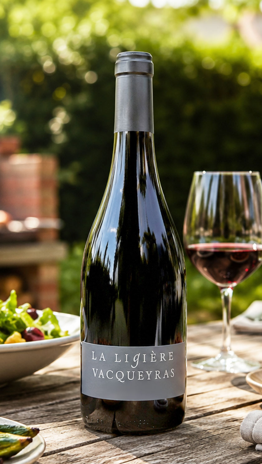 Domaine La Ligière Vacqueyras 2022 Southern Rhône red wine served al fresco, ideal with grilled meats and Mediterranean summer dining.