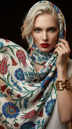 Fox & Chave Iznik Flowers pure silk habotai scarf modeled on a woman, featuring vibrant red tulips and blue carnations on white background