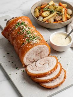 Spanish cochinillo suckling pig belly and loin joint roasted with crisp golden crackling