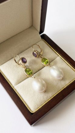14K yellow gold amethyst peridot pearl drop earrings in luxury box