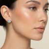 18ct gold aquamarine stud earrings 7mm cushion cut worn by model – natural gemstone solitaire studs
