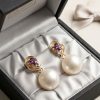 14ct gold amethyst and pearl drop earrings with elegant flowing design in presentation box