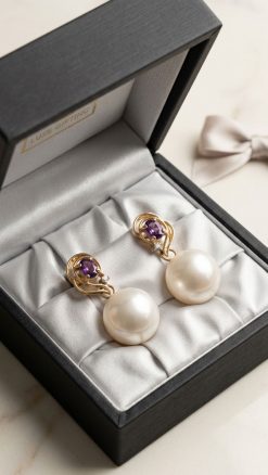 14ct gold amethyst and pearl drop earrings with elegant flowing design in presentation box
