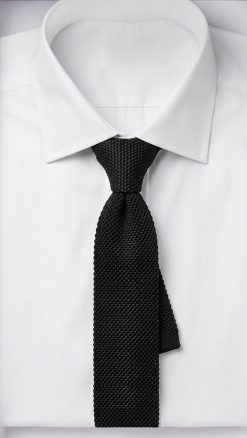 Black knitted pure silk tie displayed on white shirt