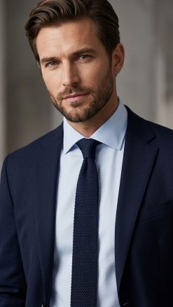 Man wearing black knitted silk tie with navy suit and light blue shirt.