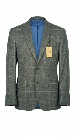 Front view of Gurteen Florence single-breasted blazer in sage green Angelico linen cotton windowpane check