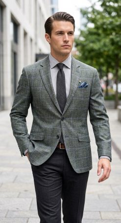 Man wearing Gurteen Florence jacket in sage green Angelico linen cotton windowpane check