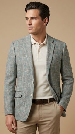 Man wearing Gurteen Monza Jacket 8955-830 grey check blazer with cream polo shirt