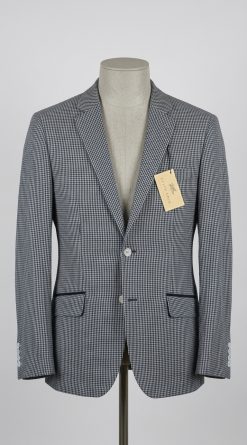 Front view of Gurteen Monza single-breasted blazer in indigo check on mannequin