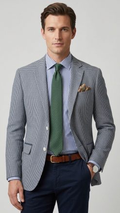 Man wearing Gurteen Monza jacket in indigo micro-check Italian silk wool summer blazer