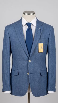 Gurteen Naples Jacket 61001-137 Blue Melange linen blazer on mannequin with white shirt and blue tie