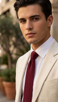 Men's pure silk red wine knitted tie worn with cream linen jacket and white shirt – modern sophisticated styling