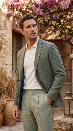 Magee 1866 Westport Blazer in textured pale sage green pure cotton basket weave worn with polo shirt and chinos at CountryClubuk