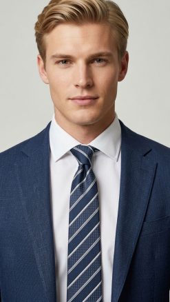 Men’s navy and silver diagonal striped pure silk tie styled with blue suit and white shirt