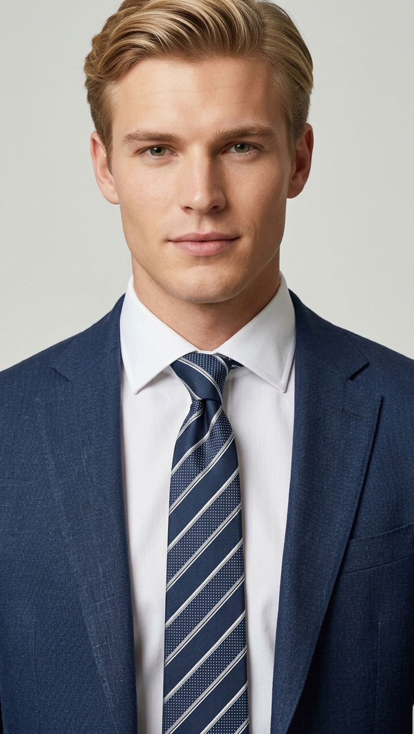 Men’s navy and silver diagonal striped pure silk tie styled with blue suit and white shirt