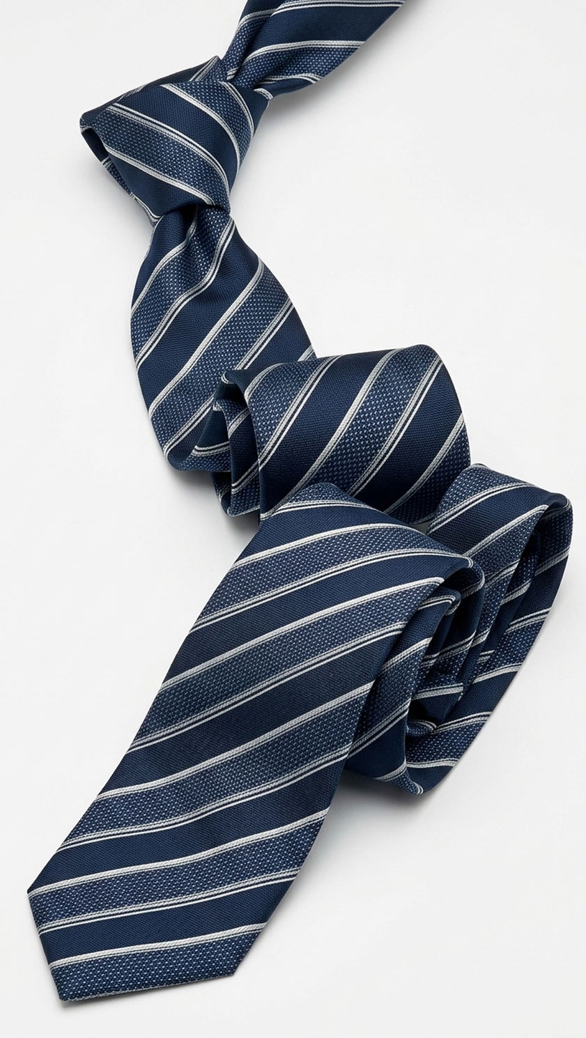Men’s navy and silver striped pure silk tie – Savile Row inspired classic with contemporary texture - Image 2